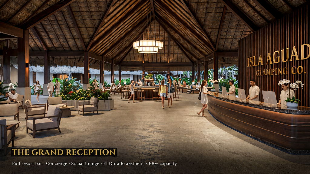 Grand reception interior with thatched ceiling and bar