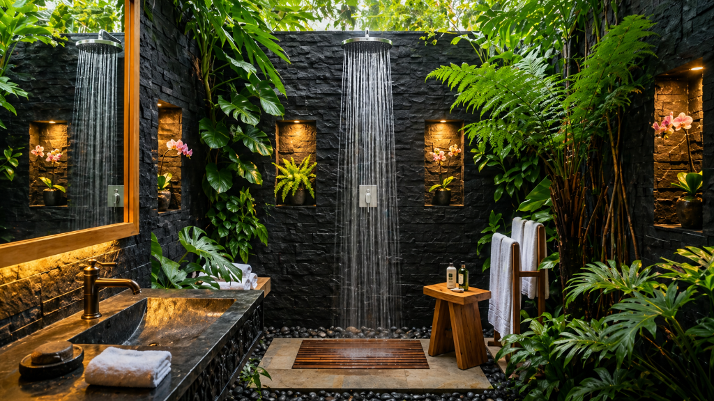 Private shower pavilion and outdoor spa at Isla Aguada