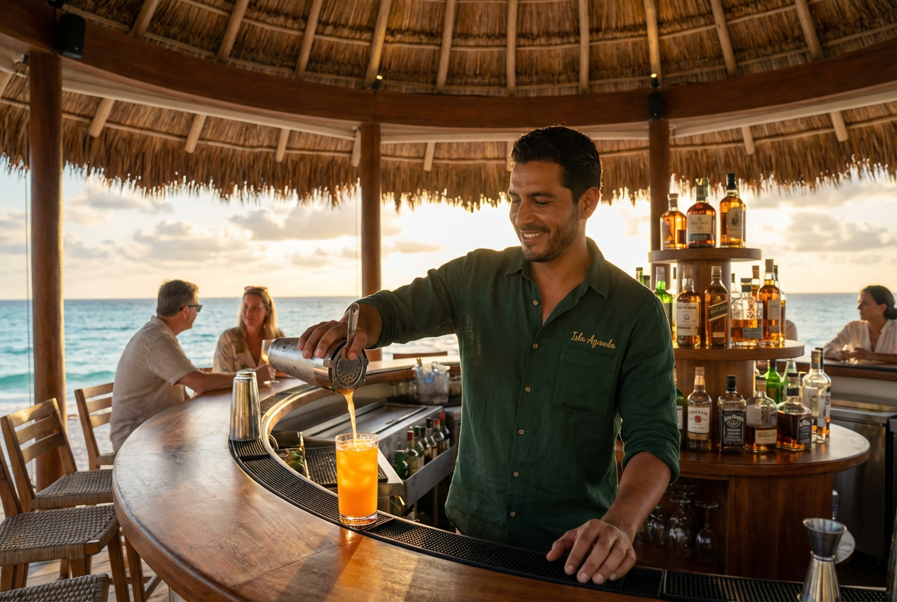 Mas'Tul bartender crafting a cocktail in the beach pavilion at golden hour