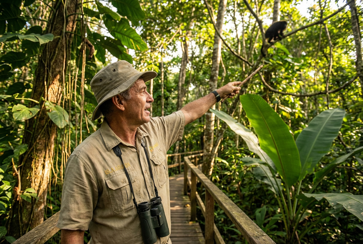 Isla Aguada expert naturalist jungle guide on the elevated mahogany walkway