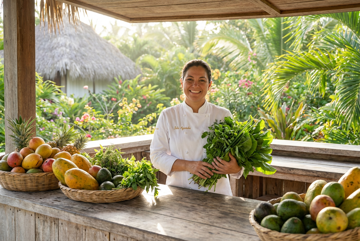 Isla Aguada head nutritionist and chef with organic farm harvest