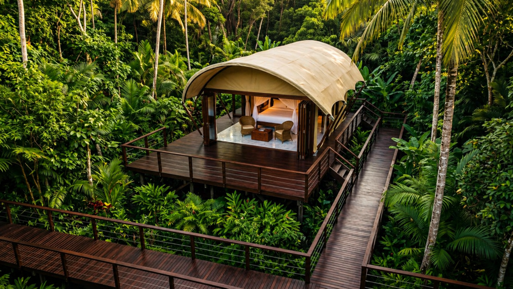 Luxury safari tent exterior at Isla Aguada Glamping Co.