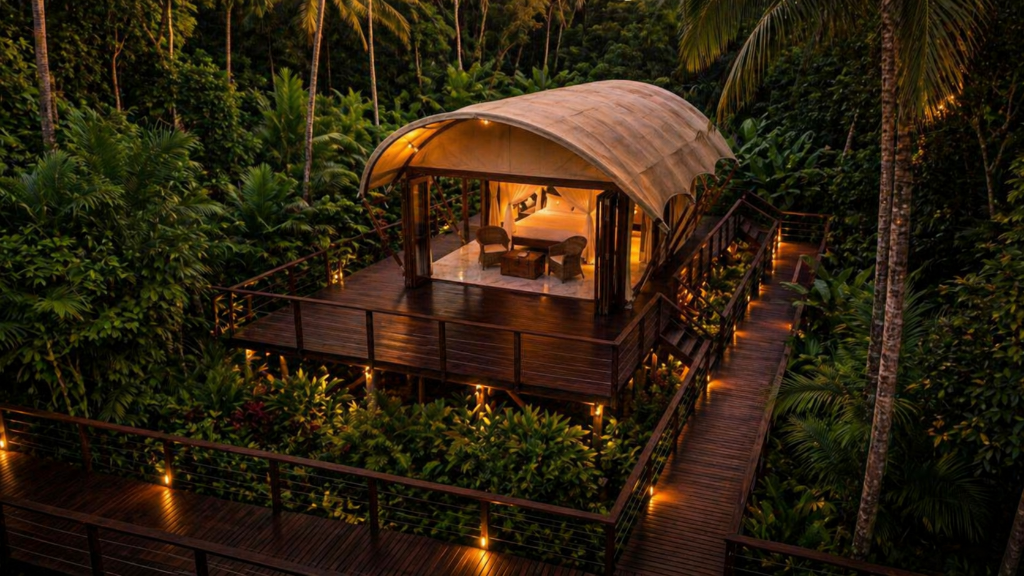 Luxury safari tent at golden sunset, Isla Aguada