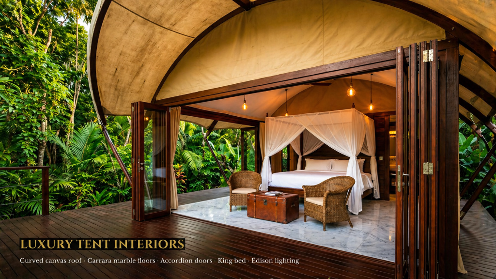 Luxury safari tent interior — king bed, marble floors, accordion doors opening to jungle